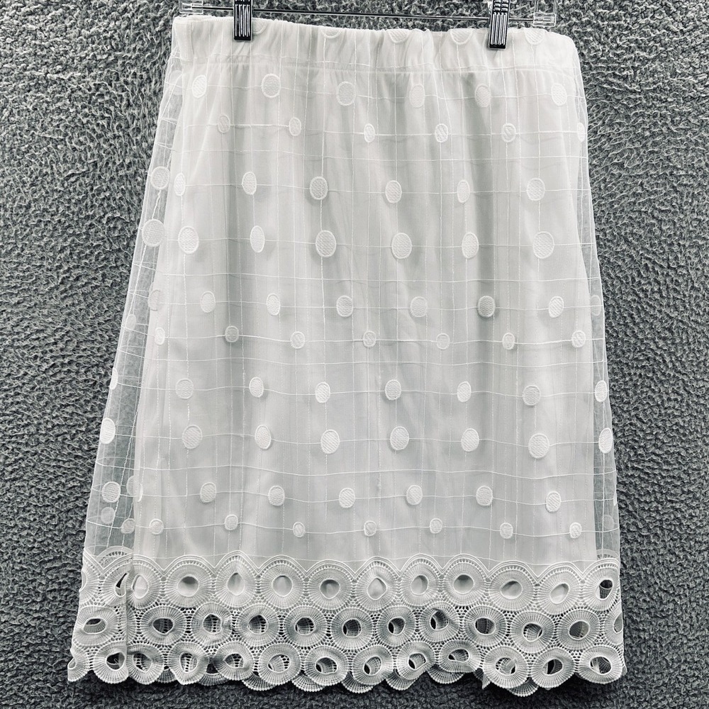 Womens Mesh Polka Dot Skirt M White Coquette Cottage Lace Trim Feminine Romantic